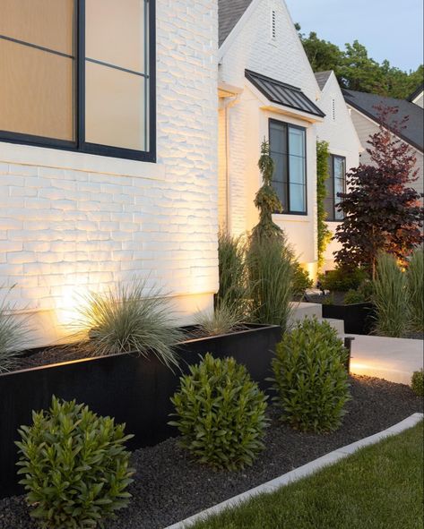 Modern Minimal Landscaping Front Yard, Landscape Ideas Minimalist, Planter Next To House, Landscaping Ideas For Front Of House White Rocks, Landscape Between House And Garage, Front Yard Landscaping Along House, Landscape For White House, Flower Beds In Front Of House Diy, Modern Front Porch Landscaping