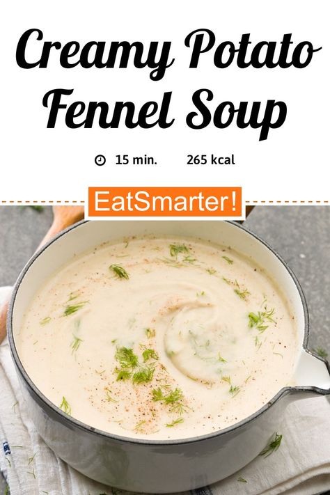 Klassiker mal anders: Creamy Potato Fennel Soup - few calories - quick recipe - simple dish - A recipe idea by EAT SMARTER | European, winter, Vegetable, Sprout, Soup, Vegetable Soup, Dinner, Primi Piatti, Low-calorie #creamsoup #recipes Soup With Fennel Bulb, Fennel Soup Recipes, Fennel Recipes Soup, Sprout Soup, Apple Soup Recipes, Fennel Soup, Potato Bacon Soup, European Winter, Soup Vegetable