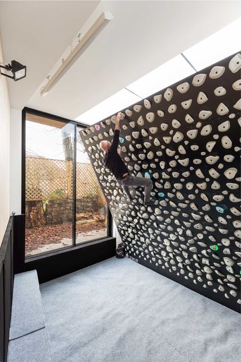 Unique Home Office, Rock Climbing Gym, Backyard Structures, Glass Doors Patio, Gym Wall, Rock Climbing Wall, Paved Patio, Backyard Office, Modern Barn House