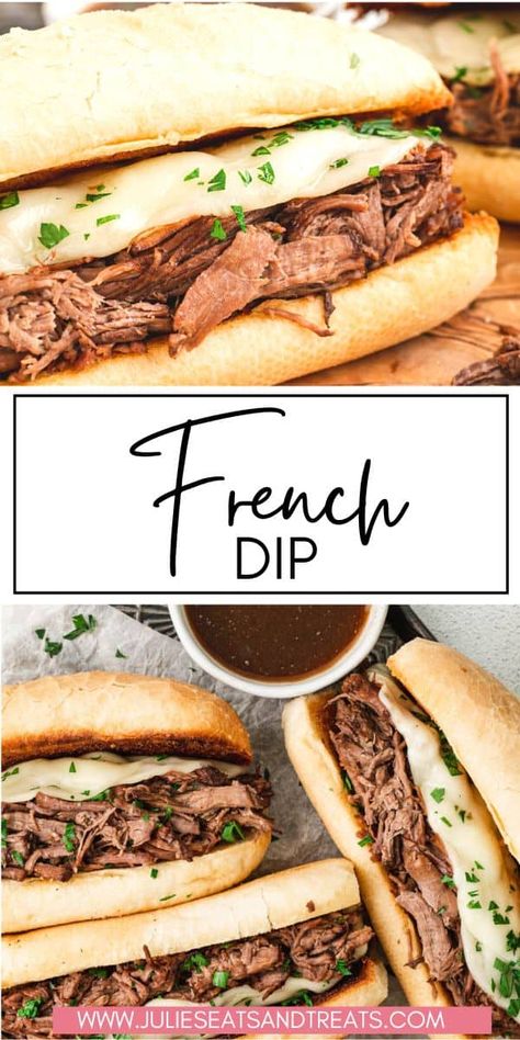 Indulge in our French Dip, the perfect solution for a busy day's dinner. Let your crock pot do the work, slow-cooking the roast beef to tender perfection. Piled on a toasted hoagie and smothered in provolone, a dip in salty au jus completes this hearty feast! It's a delicious crock pot dinner recipe you'll make frequently! Slow Cook Chuck Roast, Beef Shoulder Roast, Roast Beef Crock Pot Recipes, French Dip Recipes, Crock Pot Dinner, French Dip Crock Pot, Hoagie Sandwiches, Leftover Pot Roast, Best Roast Beef