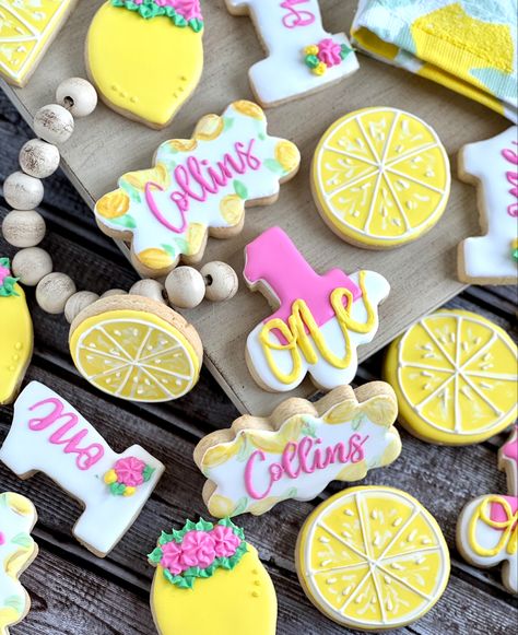 First birthday cookies. Lemon theme Lemon 2nd Birthday Theme, Lemon Birthday Cookies, Lemon First Birthday Cookies, Lemon Themed Cookies, Lemon Theme 1st Birthday Party, Lemon First Birthday Cake, Lemon One Year Birthday, 1st Birthday Lemon Theme, Lem-one-ade Party