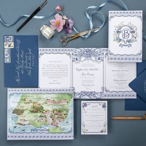 💙💙💙 Blues and whites are oh so nice... ​ This gorgeous blue and white trifold invitation was designed for an upcoming wedding in Portugal. Featuring the tile work (azulejos) that decorate the interior of the venue, and a map of the Lisbon region on the reverse side. 🙌 ​ ​Trifolds are an excellent option for destination weddings. They feature 6 panels of space to fill with formal invite wording, a note for your guests, itinerary of weekend events, map and a beautiful cover design. It enables Trifold Invitation, Mediterranean Wedding, White Wedding Invitations, Portugal Wedding, Destination Wedding Invitations, Personalized Artwork, Custom Stationery, Custom Wedding Invitations, Italy Wedding