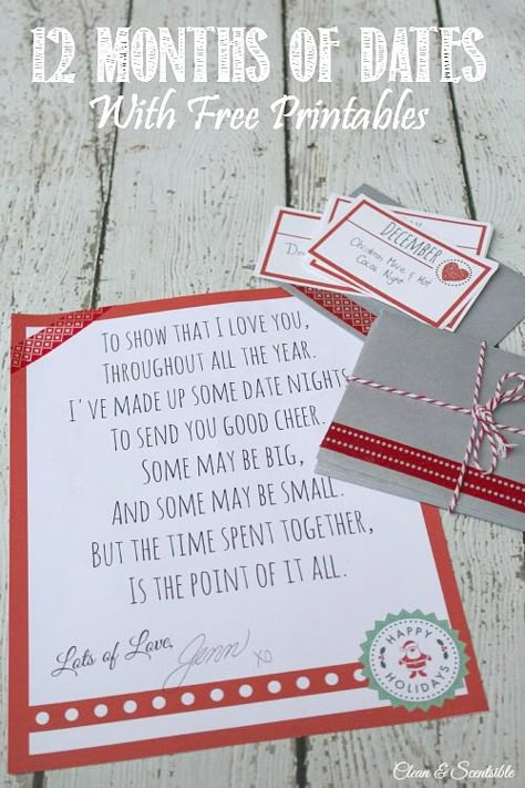 This is such a great Christmas gift idea!  Put together 12 date nights - one for each month of the year and put them into monthly envelopes.  This would be great to do with your spouse but would also be a fun idea for your kids or a close friend! 12 Months Of Dates, Dates Ideas, Meaningful Christmas Gifts, Meaningful Christmas, Date Nights, Christmas Gift Idea, Homemade Christmas Gifts, Great Christmas Gifts, Homemade Christmas