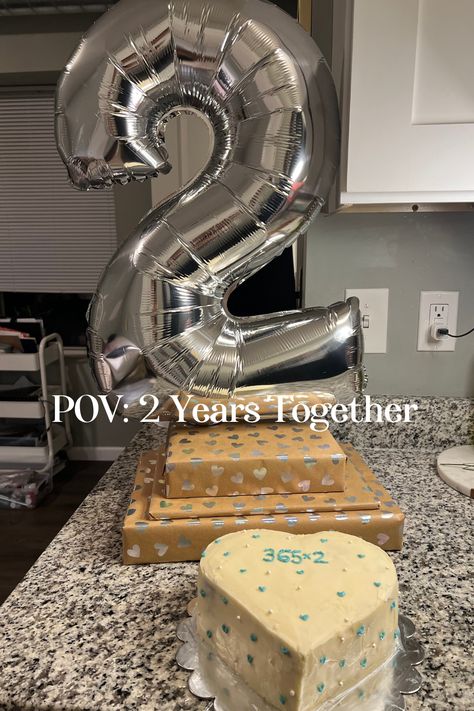 A silver 2 balloon with three gifts wrapped in paper with silver hearts along with a heart shaped cake with "365x2" written in blue icing 2 Year Anniversary Cake, 2 Year Anniversary Ideas, Surprise Your Boyfriend, Baking Skills, 2 Year Anniversary, Diy And Crafts Sewing, Tiktok Video, Anniversary Cake, Your Boyfriend