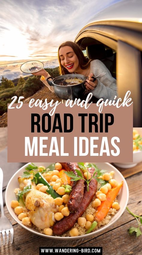 Road Trip Meal Prep, Road Trip Dinner Ideas, Roadtrip Foods Meals, Road Trip Meals For Adults, On The Road Meals, Road Trip Food Meals, Roadtrip Meals, Road Trip Dinner, Easy Road Trip Meals