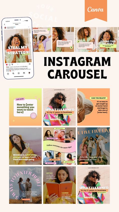 Need help designing an Instagram Carousel? This pack of Instagram Carousel Canva templates comes with 7 different designs so you can create Instagram content in minutes!! Not only are these templates designed beautifully, but they can be customized for any brand! Insta Carousel Design, Instagram Carousel Design Ideas, Instagram Carousel Ideas, Insta Carousel, Create Instagram Content, Carrousel Instagram, Carousel Post Design, Ig Carousel, Brand Marketing Design