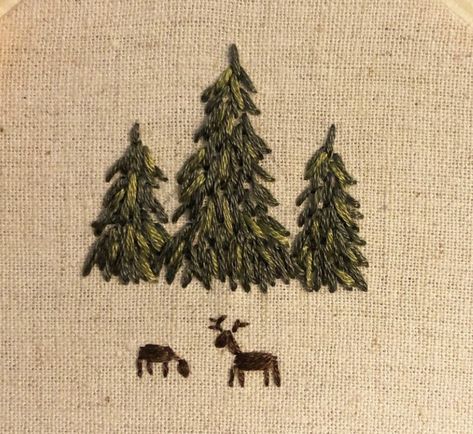 Embroider Evergreen Trees, Easy Nature Embroidery, Embroidery Stitches Trees, Embroider Pine Tree, Pine Tree Embroidery Pattern, How To Embroider Pine Trees, Forest Embroidery Designs, Cedar Embroidery, Embroidery Outdoorsy