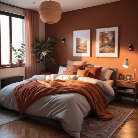 White Bedding Burnt Orange Accents, Beige Orange Bedroom, Bedroom Orange Aesthetic, Orange House Interior, Orange Wall Bedroom, Dark Orange Bedroom, Elegant Small Bedroom, Orange Bedroom Walls, Burnt Orange Bedroom