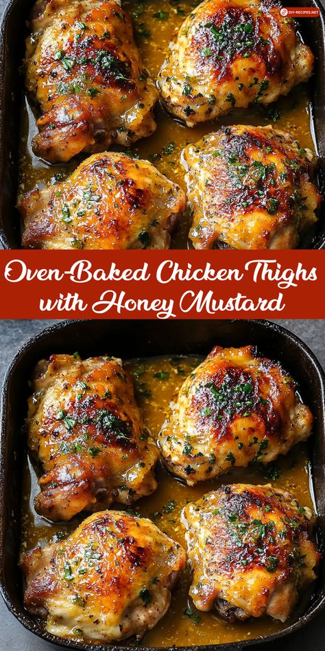 Enjoy these oven-baked chicken thighs covered in a tasty honey mustard sauce. Simple ingredients like garlic, herbs, and Dijon mustard make this dish irresistible! Chicken Thigh With Sauce Recipe, Chicken Thighs With Olives, Honey Garlic Oven Baked Chicken, Chicken And Mustard Recipes, Marinated Chicken Thigh Recipes, Honey Mustard Garlic Chicken, Baked Thigh Chicken Recipes, Chicken Thigh Pan Recipes, Honey And Mustard Chicken Recipe