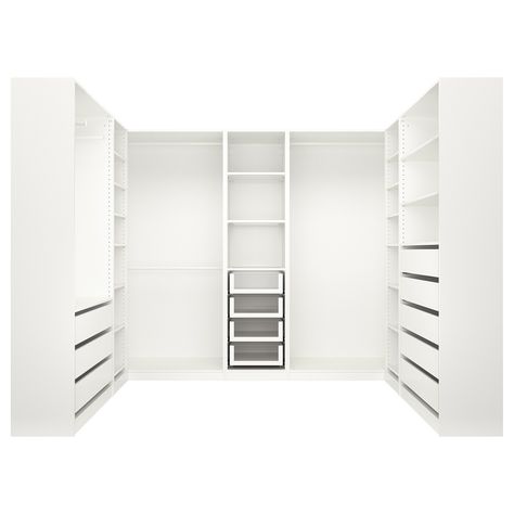 IKEA - PAX, Wardrobe, white, With the PAX Planner, you can easily complete your combination with integrated lighting. After choosing the light source, the planner will work out which accessories you need to complete the solution. Pax Corner Wardrobe, Pax Planner, Armoire Pax, Pax System, Armoire D'angle, Integrated Lighting, Closet Planning, Ikea Pax Wardrobe, Wardrobe Systems