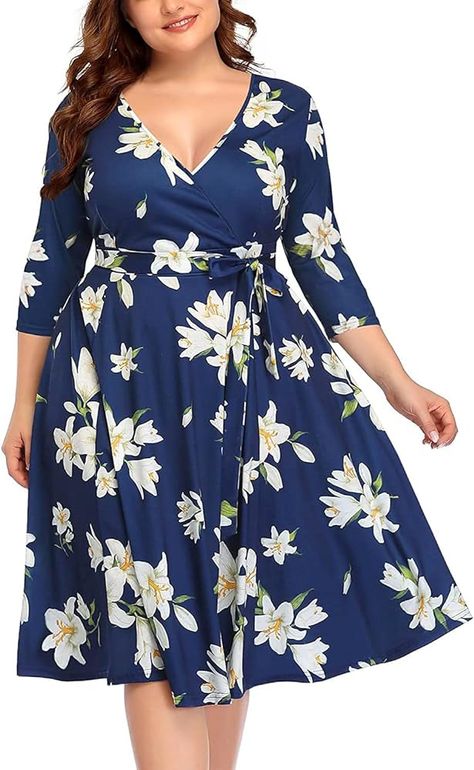 Amazon.com: Pinup Fashion Women's Plus Size Faux Wrap V Neck 3/4 Sleeve Fit and Flare Wedding Guest Casual Party Midi Dress Black : Clothing, Shoes & Jewelry Wedding Guest Midi Dresses, Casual Wedding Guest, Pinup Fashion, Wrap Around Dress, Navy Floral Dress, Aline Dress, Midi Dress Party, Casual Wedding, Necklines For Dresses