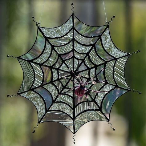 Stained Glass Spider Web, Bead Spider, Stained Glass Spider, Glass Spider, Spider Ornament, Web Spider, Creepy Decor, Stained Glass Decor, Stained Glass Ornaments