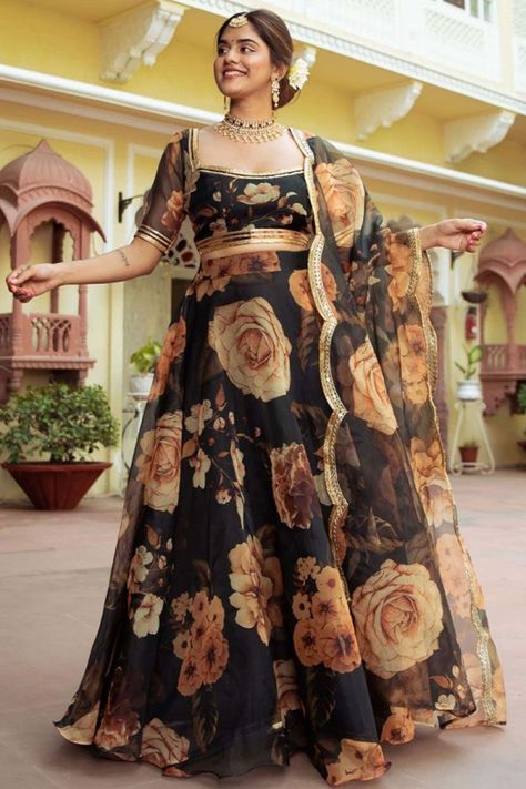 Black Organza Lehenga Choli for Festival Black Organza Lehenga, Floral Organza Lehenga, Best Indian Wedding Dresses, Lehenga Pattern, Simple Lehenga, Georgette Anarkali, Floral Lehenga, Organza Lehenga, Wedding Lehenga Designs