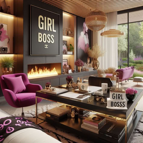 Boss up your home office with this girl boss decor inspo. Curated by @richgirlcode Shop the look - CLICK THE LINK! Glamorous Office Decor, Ladies Lounge Woman Cave Modern, Office Pink Decor, Small Women’s Office, Boss Lady Home Office Ideas, Modern Glam Office Decor, Boss Babe Office Ideas, Girl Boss Office Aesthetic, Beauty Office Room Ideas