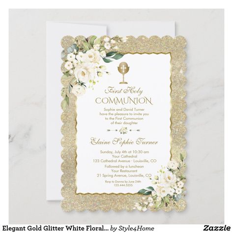 First Communion Cards, Gold Glitter Background, Holy Communion Invitations, First Communion Invitations, Communion Party, Communion Invitations, Elegant Cards, Cream Flowers, Create Your Own Invitations