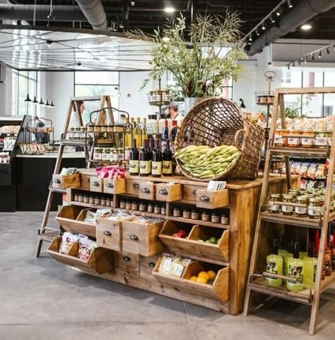 Pantry That Looks Like A Store, Food Boutique Store, Deli Food Display, Vegetable Display Market, Organic Food Shop Design, Gourmet Market Design, Boutique Food Market, General Store Display Ideas, Wine Retail Display