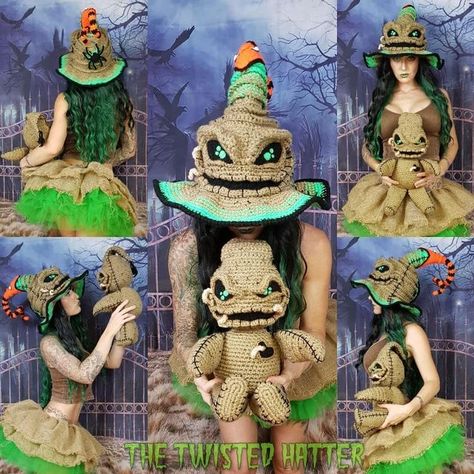 Natalie Allen on Instagram: "Oogie with his Boogie 😍😍😁 to say I'm excited doesn't even begin to describe how I feel about these. I used @crochetverse Twisted Witch hat pattern on ravelry and freehanded the rest #crochet #handmade #hat #witchy #oogieboogie #nightmarebeforechristmas #halloween #crochetersofinstagram #yarnporn #yarnporn #amigurumi" Crochet Boogieman, Oogie Boogie Crochet Pattern Free, Oogie Boogie Crochet Pattern, Oogie Boogie Hat, Crochet Oogie Boogie, Dnd Cosplay, Witch Hat Pattern, Oogie Boogie Costume, Gothic Nursery