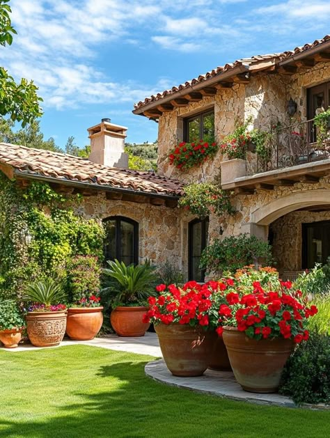 Outdoor Patio Wall Ideas, House Garden, Cheap Landscaping Ideas, Spanish Style Architecture, Spanish Home Decor, Pool Landscape Design, Spanish Style Home, Italian Garden, House Outside Design