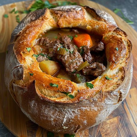 Bread Bowl Spaghetti, Beef Stew Bread Bowl, Stew Bread, Rich Beef Stew, Cream Cheese Spaghetti, Baked Cream Cheese Spaghetti, Cheesy Pasta Bake, Bread Bowl Recipe, Edible Bowl