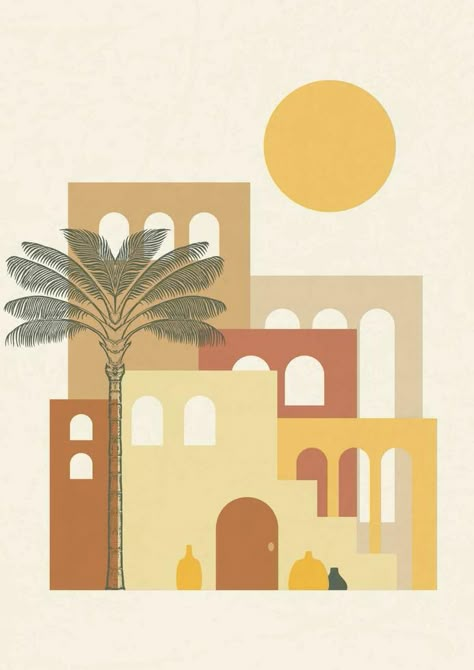 Morocco architecture under sunlight poster illustration. Modern aesthetic illustrations. Boho style artistic design for wall decoration Boho Painting Bedroom, Morocco Graphic Design, Japandi Illustration, Boho Building, Morocco Illustration, Marrakech Aesthetic, Marrakech Morocco Aesthetic, Architecture Poster Design, Boho Architecture