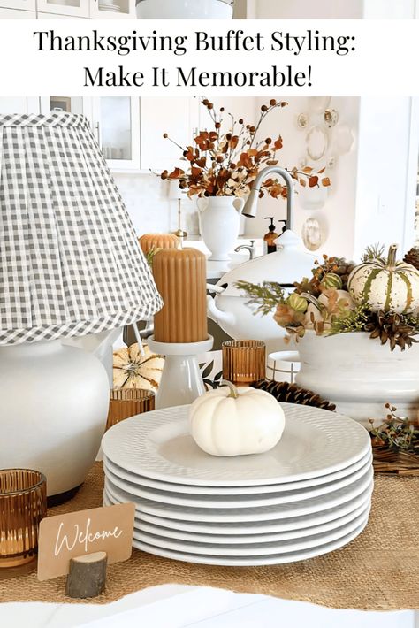 9 Tips For Setting A Beautiful Thanksgiving Buffet - StoneGable Thanksgiving Island Buffet, How To Set Up A Buffet Table, Tablescape Themes, Thanksgiving Buffet Setup, Thanksgiving Buffet Setup Ideas, Thanksgiving Buffet Table, Thanksgiving Table Setup, Buffet Styling, Thanksgiving Buffet