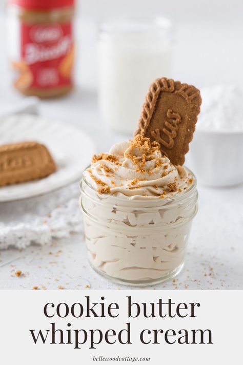 If you love the flavors of cookie butter, you will love this Biscoff Whipped Cream. It's amazing served over waffles, pancakes, desserts, and more. It's easy to make too. If you are looking for unique whipped cream flavors to try, this recipe is for cookie butter fans everywhere! Whipped Icing Recipes, Cinnamon Whipped Cream, Flavored Butter Recipes, Homemade Whipped Cream Recipe, Flavored Whipped Cream, Biscoff Cookie Butter, Recipes With Whipping Cream, Whipped Frosting, Whipped Cream Frosting