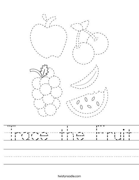 Trace the Fruit Worksheet - Twisty Noodle Fruit Worksheet, Line Tracing Worksheets, Fruit Coloring, Nursery Worksheets, Transportation Worksheet, Line Tracing, Twisty Noodle, Fruit Coloring Pages, Tracing Worksheets Preschool