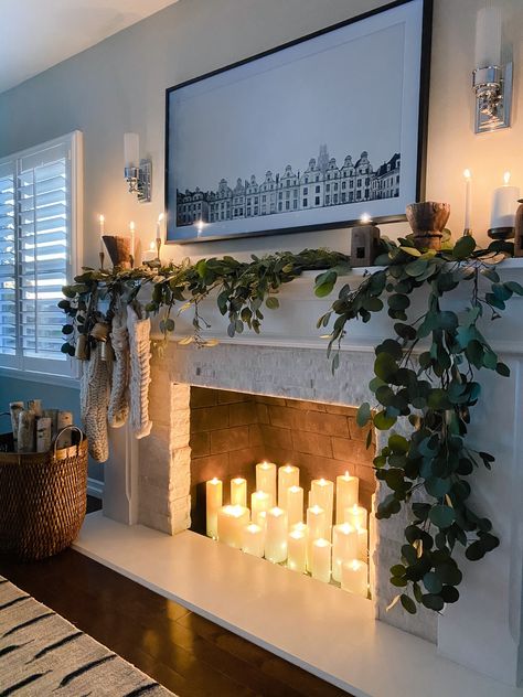 Faux Fireplace Candle Ideas, Sealed Fireplace Ideas, Faux Fireplace Ideas With Tv, Christmas Fake Fireplace, Ambient Living Room Lighting, Unused Fireplace Decor, Nonworking Fireplace Ideas, Fake Mantle Ideas, Fake Fireplace Ideas Living Rooms