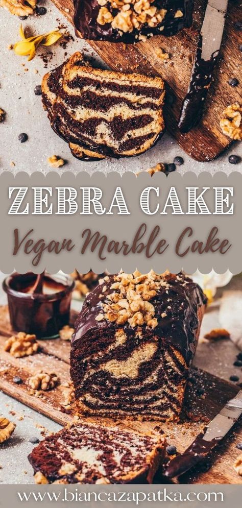 Vegan Marble Cake Recipe, Vegan Loaf Cake Recipes, Simple Vegan Cake Recipes, Vegan Zebra Cake, Vegan Birthday Desserts, Simple Vegan Cake, Easy Vegan Cake, Vegan Marble Cake, Simple Chocolate Ganache