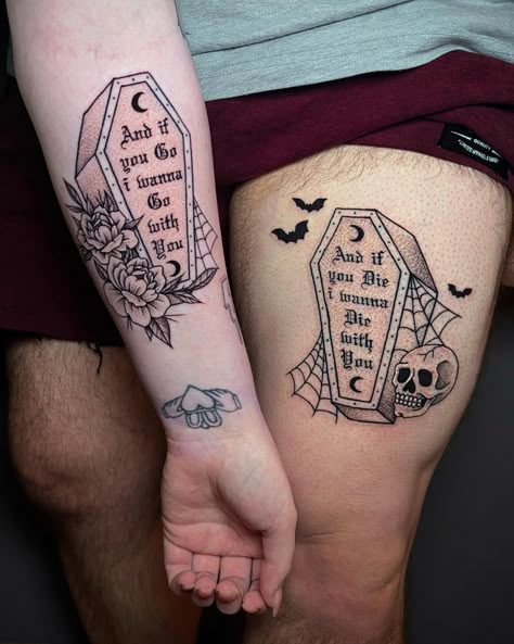 Lonely Day by System of a Down matching coffins 🖤✨ thank you guys! Coffin Tattoo, Sagittarius Tattoo Designs, Sagittarius Tattoo, System Of A Down, Knee Tattoo, Matching Tattoo, Word Tattoos, Cute Tattoos, Tattoo Artists