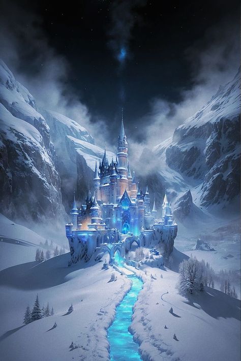 Ice Palace Fantasy Art, Ice Kingdom Fantasy Art, Ice Castle Aesthetic, Ice Village, Penguin Mascot, Ice Kingdom, Winter Castle, Snow Castle, Fantasy Story Ideas