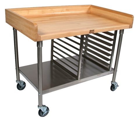 The John Boos Maple-Top Work Table & Cart features a 4-inch coved riser on the back and both sides, plus a stainless steel base, shelf and bun pan rack. (48x30) Baking Table Kitchen, Bakers Cart Ideas, Baking Table Ideas, Baking Stand Ideas, Prep Station Kitchen, Baking Cart, Bakery Table, Baking Table, Modern Pastry