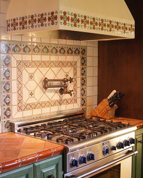 Talavera Tile always looks right in an Adobe Home. This Pasadena, CA client did not want stone slab counter tops. Instead I used a… | Instagram Talavera Tiles Kitchen, Kitchen Mexican Style, Mediterranean Flooring, Talavera Tile Kitchen, Future Kitchen Design, Mexican Tile Kitchen, Talavera Kitchen, Hacienda Decor, Tile Countertops Kitchen