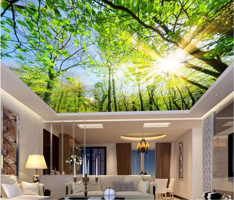 3d ceiling murals 3d Ceiling, 3d Wallpaper Ceiling, Healthcare Interior Design, Custom Photo Wallpaper, Living Room Murals, Tree Wall Murals, Living Room Images, Ceiling Murals, House Ceiling Design