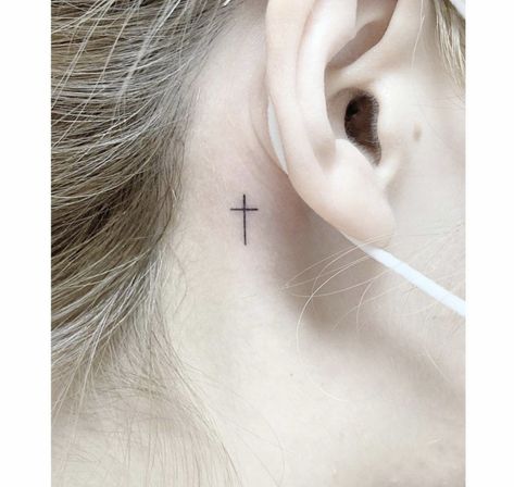 Small Cross Tattoo Behind Ear, Minimal Cross Tattoo, Cross Tattoos Behind Ear, Cross Tattoo Behind Ear, Cross Behind Ear Tattoo, Little Cross Tattoos, Tiny Cross Tattoo, Small Cross Tattoos, Nape Tattoo