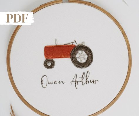 Personalized Tractor Name Hand Embroidery PDF Pattern: Embroider this cutie little name hoop yourself! This hoop makes for a perfect personalized bedroom decoration or baby arrival announcement!  Pattern level: Easy This 5 inch pattern includes four basic stitches and just three floss colors making for a simple, yet sweet project. How it works: - This 8 page PDF download includes all the information you will need to recreate this little hoop. - In the personalization section enter the name you w Embroidery Tractor Pattern, Farm Embroidery Designs, Name Embroidery Designs, Tractor Embroidery, Embroidery Dog Patterns, Little Boy Embroidery Ideas, Baby Announcement Embroidery, Baby Boy Embroidery Hoop, Embroidery For Boys