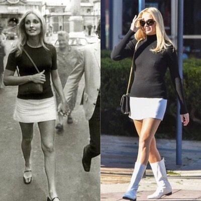 Margot Robbie as Sharon Tate in  Quentin Tarantino's Once Upon A Time In Hollywood 60s Fashion Sharon Tate, 1960s Outfit, Sharon Tate Style, 60s Look, Nancy Sinatra, Classy Winter Outfits, Sharon Tate, Quentin Tarantino, Hollywood Fashion