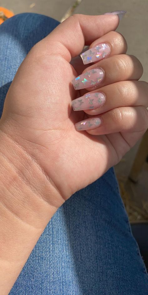 Butterfly Nails Dip Powder, Oval Nails Designs Butterfly, Natural Butterfly Nails, Holographic Butterfly Nails, Iridescent Butterfly Nails, Butterfly Sparkle Nails, Nails With Butterfly Glitter, Cute Clear Nails, Nail Salon Nails