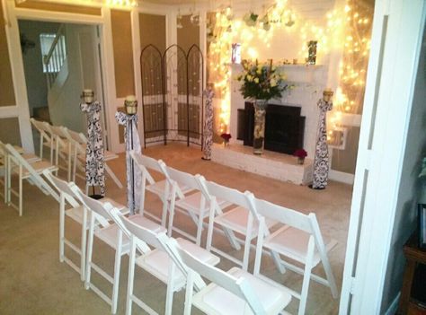 Very small intimate home wedding. In our living room Indoor Small Wedding, House Wedding Ideas Small Indoor, Living Room Wedding Ceremony, Living Room Wedding Decor, Ceremony Decorations Indoor, Starlight Wedding, Wedding Redo, Farmer Wedding, Wedding Reception At Home