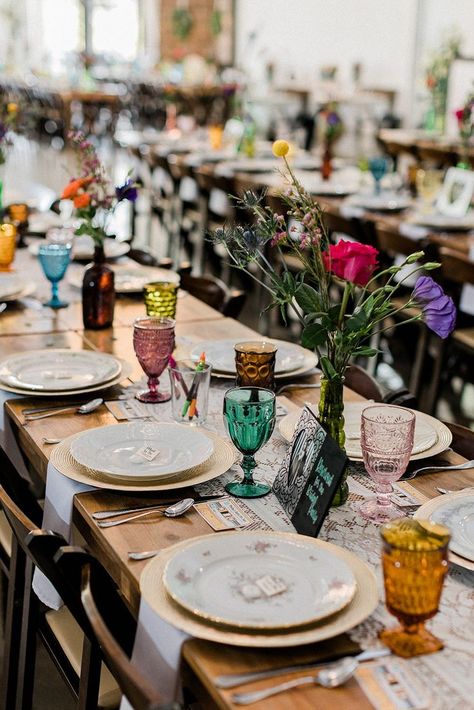 Bridesmaid Dresses Multicolor, Bright Blue Bridesmaid Dresses, Fall Wedding Place Settings, Bright Wedding Decorations, Colorful Wedding Decor, Spicewood Texas, Colorful Fall Wedding, Elk Photography, Multicolor Wedding