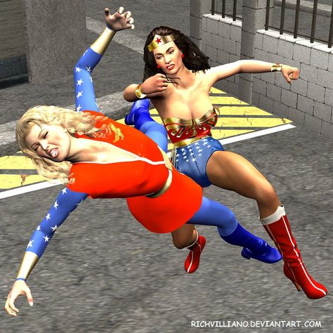 WW77no5 by RichVilliano - Lynda Carter vs. Cathy Lee Crosby Cathy Lee Crosby, Emma Peel, Batman Comic Books, Lynda Carter, Batman Comics, Live Action, Comic Books, Batman, Wonder Woman