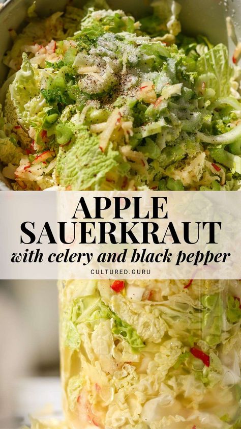 Enjoy the unique flavors of this apple sauerkraut recipe made with celery and black pepper. This apple sauerkraut is long fermented for 21 days, giving it the best flavor and making it perfect for gut health. #apple #sauerkraut #fermented Fermented Vegetables Recipes, Sauerkraut Recipe, Fermented Veggies, Healthy Nutrition Plan, Sauerkraut Recipes, Fermentation Recipes, Fermented Vegetables, Pickled Veggies, 140 Pounds