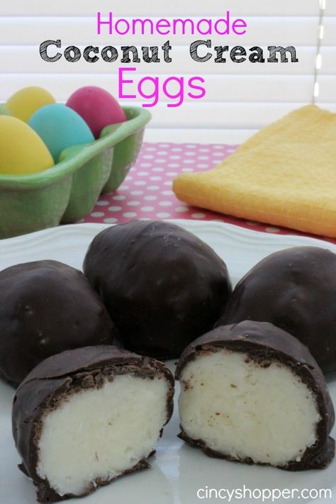 Homemade Coconut Cream Eggs Cherry Easter Eggs Recipe, Coconut Easter Eggs Recipe, Coconut Cream Eggs Recipe, Coconut Cream Eggs, Coconut Eggs, Homemade Coconut Cream, Easter Candy Recipes, Cream Eggs, Peanut Butter Eggs