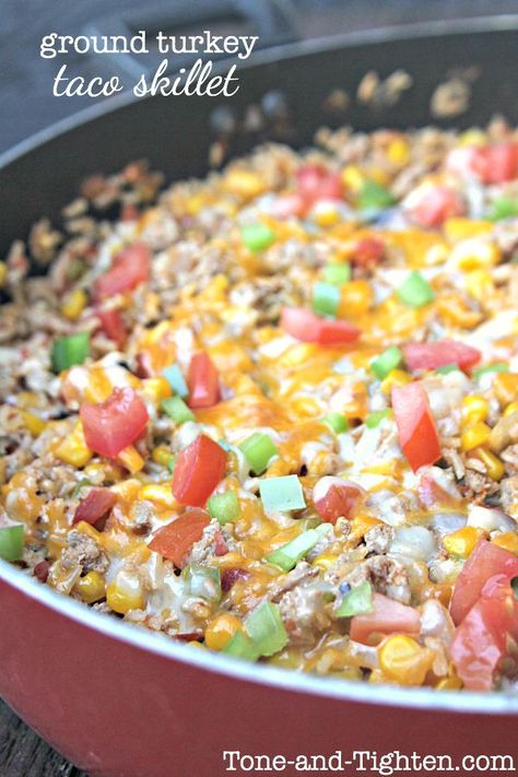 Ground Turkey Taco Skillet, Turkey Taco Skillet, Taco Skillet Recipe, Ground Turkey Recipes Easy, Taco Skillet, Ground Turkey Recipes Healthy, Ground Turkey Tacos, Healthy Ground Turkey, Turkey Taco