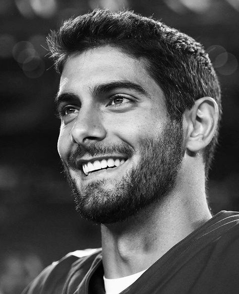 Jimmy Garoppolo is prettier than Tom Brady Jimmy Garoppolo, Sf 49ers, Man Crush, Male Face, Bearded Men, American Football, Gq, Black And White, White