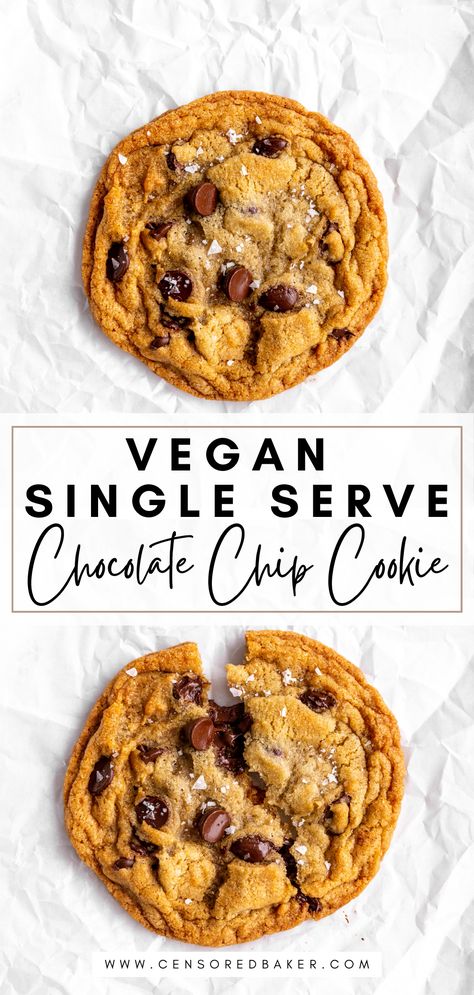 This vegan single serve chocolate chip cookie is perfect for all you singles out there - or for anyone who doesn't want a full batch of cookies! #vegancookie #chocolatechip #vegandessert #singleserve #cookierecipe Single Serve Cookie Vegan, Vegan Mug Cookie, Vegan Single Serve Cookie, Vegan Single Serve Dessert, Vegan Single Serve, Single Serve Chocolate Chip Cookie, Caramel Chip Cookies, Single Serve Cookie, Nut Free Desserts