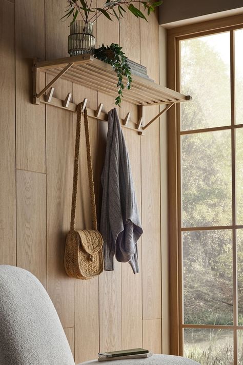 Natural Oak Shelf with Hooks Laura Ashley Sofa, Oak Shelf, Shelf With Hooks, Baby Boy Coat, Berlin Apartment, Sideboard Tv Unit, Oak Shelves, Dining Benches, Utility Rooms