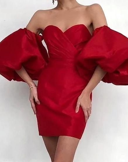 Debut Cocktail Dress, Red Dress Puffy Sleeves, Red Dress Puffy, Dress Puffy Sleeves, Prom Dress Red, Red Bodycon Dress, Evening Party Gowns, Party Gown, Short Prom Dress