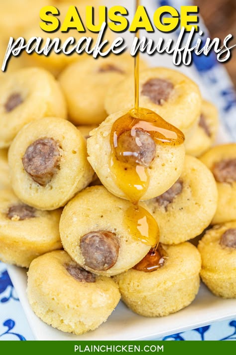 Sausage Pancake Muffins Recipe – Homemade pancake batter baked in mini muffin pans with a sausage slice in each muffin. Milk, butter, egg, vanilla, maple syrup, sugar, flour, baking powder, salt, and sausage links. They are super easy to make, freeze well, and are perfect for breakfast for on-the-go! Serve with additional maple syrup. Sausage Pancake Muffins, Sausage Pancake Muffins Bisquick, Recipes With Sausage Links, Sausage Cheese Pancake Muffins, Breakfast Muffins With Pancake Mix And Sausage, Maple Sausage Pancake Muffins, Pancake Sausage Muffins, Homemade Pancake Batter, Mini Pancake Muffins