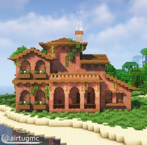 Minecraft Houses On Island, Rainforest Minecraft House, Old Fashioned Minecraft Houses, Cool Mc Builds, Spanish Minecraft House, Minecraft Hacienda, Minecraft House Inspiration Cottage, Minecraft Spanish Villa, Brick Minecraft Houses